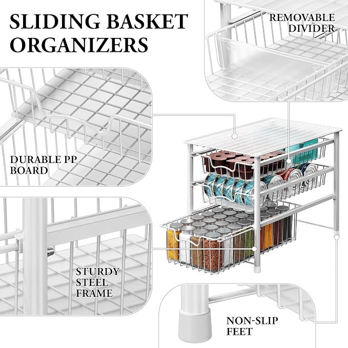 Simple Houseware Stackable 3 Tier Sliding Basket Organizer Drawer, White (Pack of 2) - Image 4