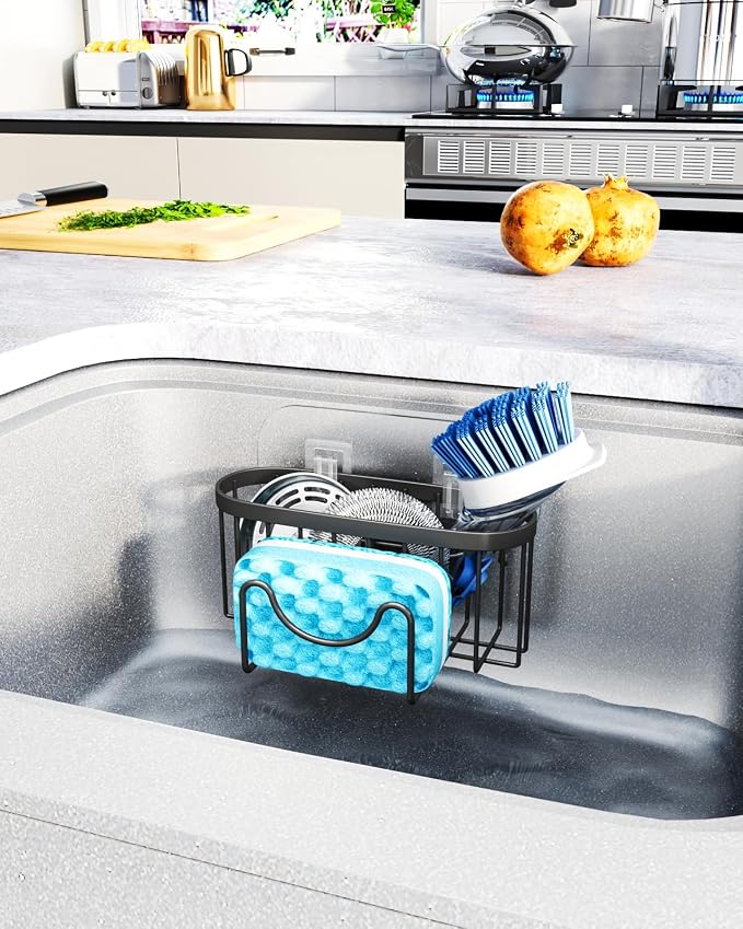 HapiRm Multifunctional Sponge Holder with Unique M-shaped, Two Installation Methods Kitchen Sink Organizer, Rustproof Stainless Steel Sink Caddy -Black（2-pack） - Image 6