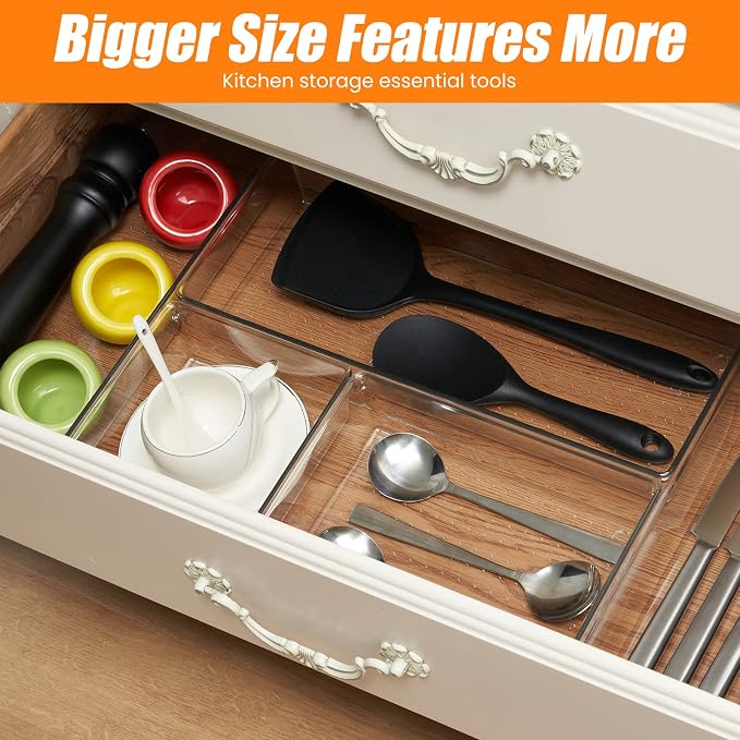 18 Pcs Large Size Clear Drawer Organizer Set, Acrylic Non Slip Non Cracking Kitchen Drawer Storage Tray Divider, Multifunctional Storage for Cosmetics, Bathroom, Tools, Kitchen and Office - Image 6