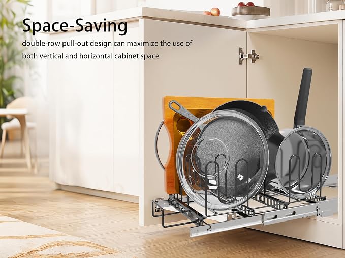 Pull-Out Pots and Pans Organizer under Cabinet | Smooth Pull-Out Rails, Heavy-Duty Metal, 10 Adjustable Dividers, Scratch-Resistant, Space-Saving, Black, 12" W x 22" D - Image 5