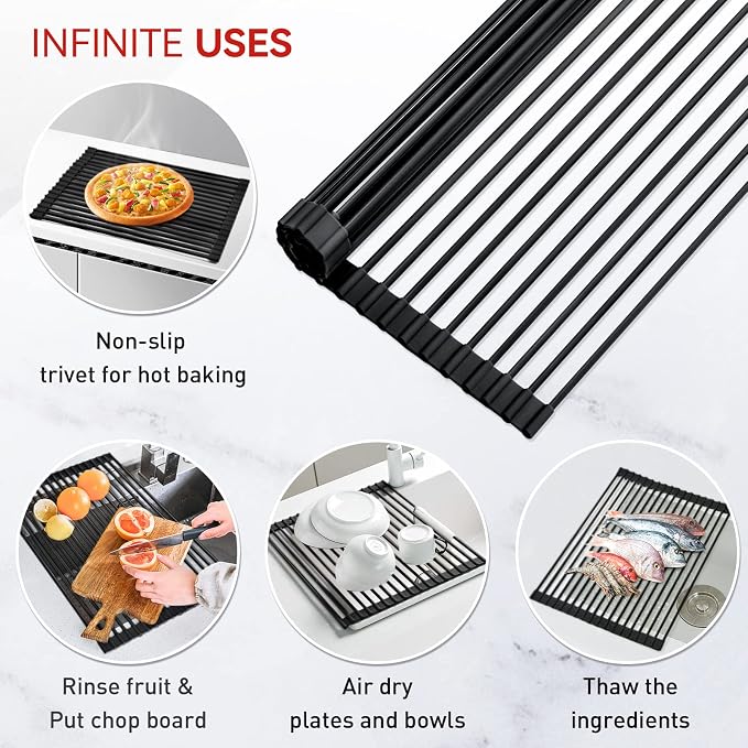 MERRYBOX Roll Up Dish Drying Rack, Silicone Wrapped Over The Sink Dish Rack Foldable Dish Drainer Anti-Slip Dish Racks for Kitchen Counter, Multipurpose Kitchen Sink Drying Rack, 18" x 13", Black - Image 8
