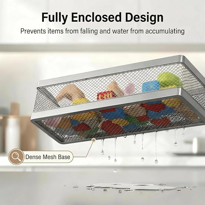 PUSDON 5-in-1 16.5" Extra Long Slim Wall Mount Wrapped Mesh Kitchen Organizer & Shower Caddy Kit, with Paper Towel Holder, Utensil Holder, Soap Dish, Holds 50LBS - Silver Gray, Netting - Image 3