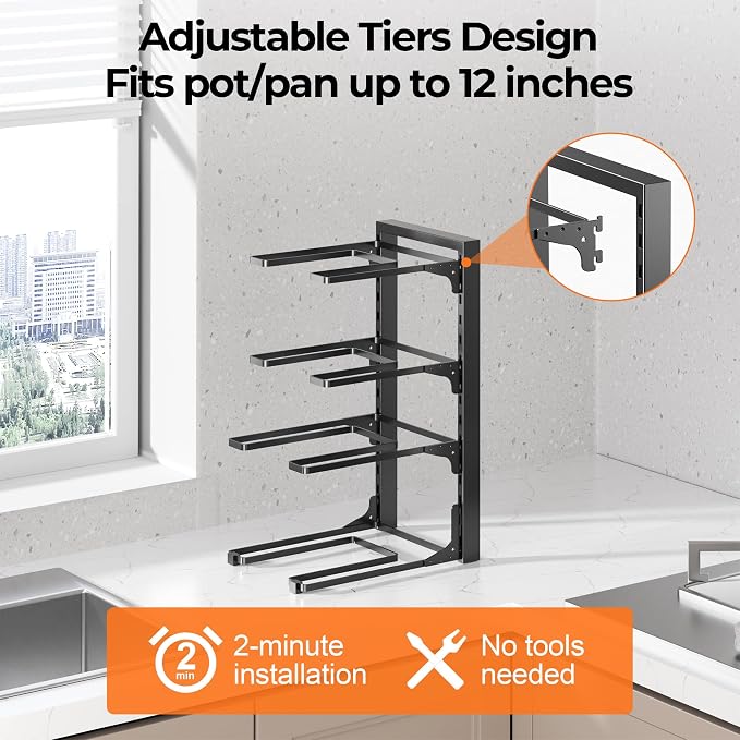 MUDEELA Pot and Pan Organizer Under Cabinet 15.75", 4-Tier Pot Rack, 1 Pack | Adjustable Tier, Tool-Free Assembly, Max 88 Lbs, Fits Cast Iron Pans, Skillets & Heavy Shallow Cookware, For Kitchen Cabinets - Image 4