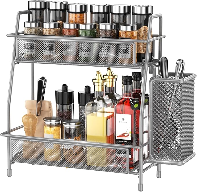 Spice Rack Organizer for Kitchen Counter, Spices Organizer and Storage Seasoning Organizer for Cabinet, Kitchen Metal Countertop Organizer with Side Basket (Grey) by LemikkleDirect