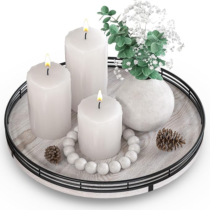 AMH 12-Inch Whitewashed Farmhouse Lazy Susan Tray with Black Metal Frame | Smooth rotating oak tray with walnut finish for dining tables, kitchen counters, pantries and cabinet storage. by AMH
