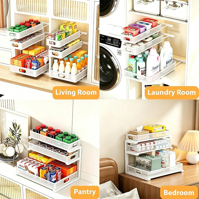 2 Pack Under Sink Organizer, 3-Tier Pull Out Kitchen Cabinet Organizer | 5 Adjustable Heights, Metal Slide Out Bathroom Storage, Makeup Drawer Rack for Bedroom Office Pantry Home Organization, White - Image 4