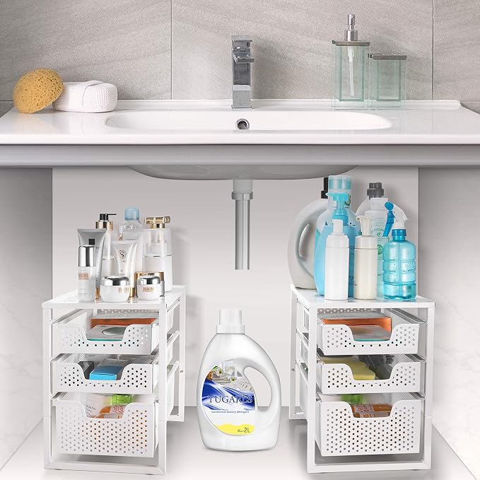 Simple Trending Under Sink Organizer 3-Tier with Sliding Storage Drawer | Multi-Purpose Desktop Organizer, Metal Cabinet Organizer for Kitchen Bathroom Office, Stackbale, Space Saving, White - Image 7