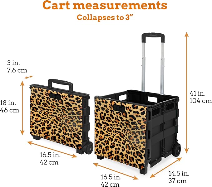 Inspired Living Ultra-Slim Rolling Collapsible Storage Pack-N-Roll Utility-carts, with Telescopic Handle, for Home, Garden, Shopping, Office, School use, Large, Leopard - Image 2