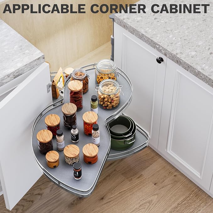 DWVO Corner Cabinet Organizer, 2-Tier Blind Corner Pull Out with 270° Rotating Shelf, Left Swing Tray, Heavy-Duty Iron, Easy-Install Template, 32.7"x17.3"x21.3", Gray - Image 2