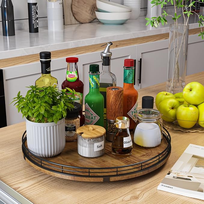 AMH 16-Inch Farmhouse Oak Lazy Susan Organizer, Walnut Finish | Smooth rotating oak tray with walnut finish for dining tables, kitchen counters, pantries and cabinet storage. - Image 2