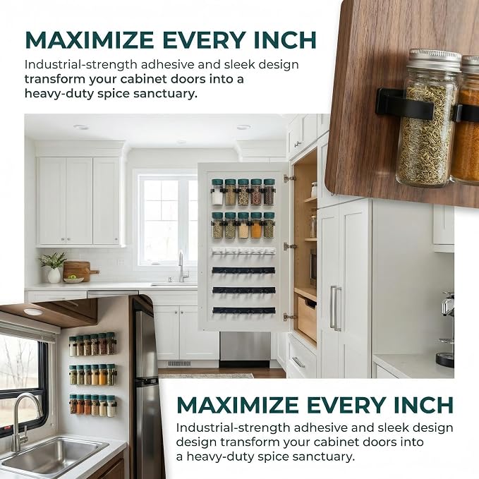 Adhesive Spice Clips, 6 Strips with 30 Clip Positions, Cabinet Door Spice Rack Organizer for Pantry, Kitchen and RV, Cut-to-Fit No-Drill Storage, Black and White | For regular round spice bottles in kitchen, pantry, camper, and RV cabinets; six adhesiv... - Image 3