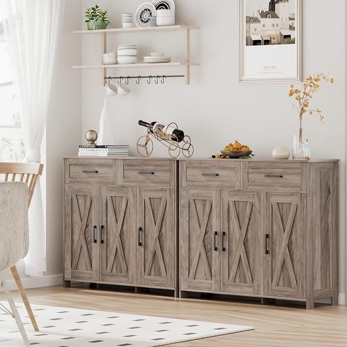 Homhedy Coffee Bar Storage Cabinet with Drawers, Kitchen Buffet Cabinet | Sideboard Cabinet with Doors, Farmhouse Buffet Cabinet, Adjustable Shelves, for Kitchen / Dining / Living Room, Greige - Image 7