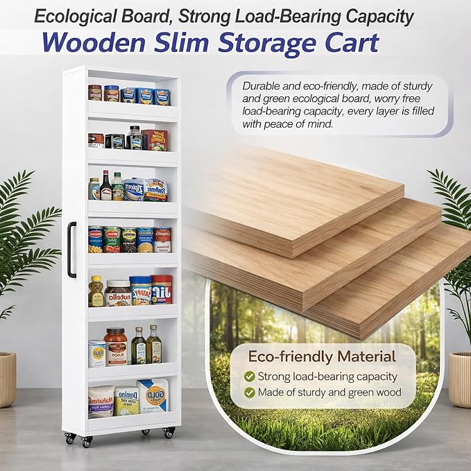 Beside Fridge Storage Slim Tall Cabinet - 7-Tier Tall Narrow Kitchen Pantry Pull Out Storage Cabinet Next To Fridge, Rolling Cart For Kitchen, Dorm, Bathroom, Laundry & Office (Black, 23.6 in) - Image 6