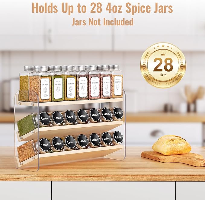 MUDEELA 3 Tiered Spice Rack Organizer for Cabinet, (No Jars Included) | Clear Vertical Spice Shelf, Wooden Seasoning Organizer for Countertop, Kitchen, Pantry, Freestanding, 13.3" W × 11.2" H - Image 3