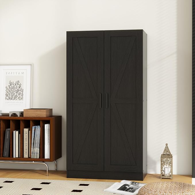 Wooden Storage Cabinet, Collection Food Pantry Narrow Cabinet Free Standing with 2 Doors and 3 Shelves Tool Cabinet, for Kitchens, Living Room, Utility Rooms (Black) - Image 4