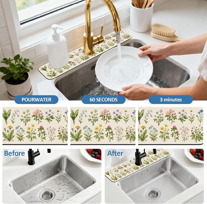 2 Pcs Flowers and Plants Kitchen Sink Splash Guard Faucet Mat for Sinks Absorbing Drying Mats for Kitchen Bathroom, 23.6x5.5inch - Image 5