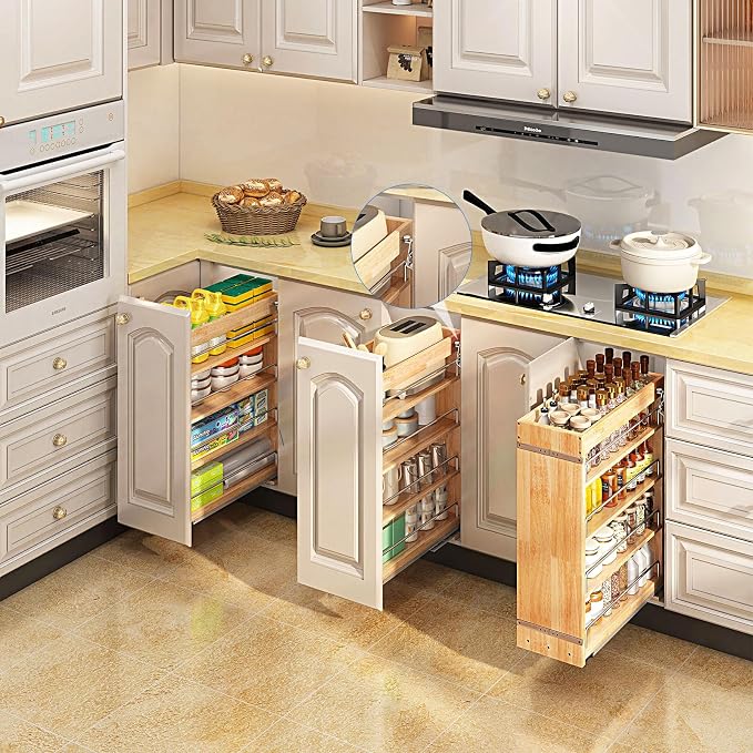 DINDON Pull Out Spice Rack Cabinet Organizer, (8" W x 21.9" D x 25.2" H) Multi-Use Soild Wood Pull Out Cabinet Organizer Slide Out Shelf Sliding Base Cabinet Storage Organization - Image 2