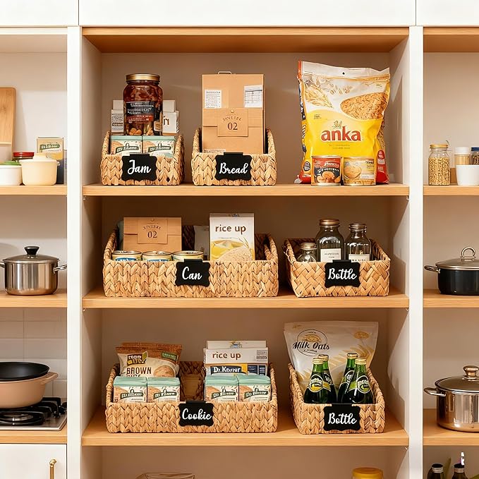 Pantry Baskets and Organizers, Large Wicker Baskets for Shelves, Handwoven Labeled Storage Basket for Organizing with Handles-Water Hyacinth Storage Bins, Boho Decorative, 3Pack, Natural - Image 4