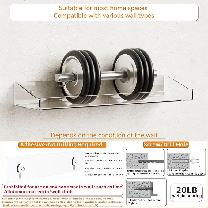 2 Pack Clear Shower Shelves for Tile Walls,Adhesive Acrylic Bathroom Shelves Organizer and Storage,No Drill Acrylic Shower Wall Caddy & Shelf,Floating Shelves for Makeup,Perfume,Shampoo Holder - Image 4