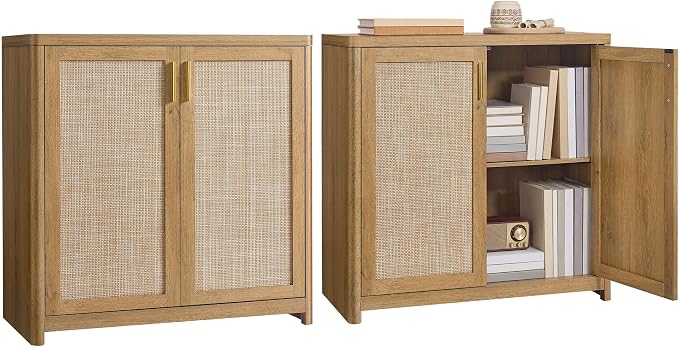 VASAGLE ELLAN Collection - Boho Buffet Cabinets with Rattan-Look Doors, Sideboard Storage Cabinet, Rounded Corners, Adjustable Shelf, for Kitchen Dining Room, Set of 2, Natural Brown UBBK345KC01-2J by Unknown