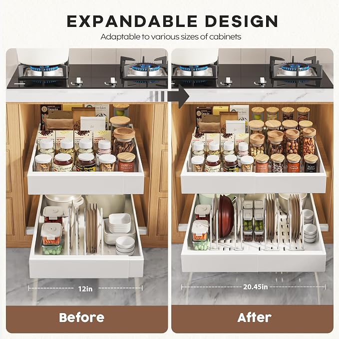 Seinloes 6 Pack Pull Out Cabinet Organizer 21"Deep with Raising Pad for Framed Cabinets,Expandable Slide Out Drawers with 4pcs Divider Racks,Roll Out Shelf Adhesive,Adjustable Width 12.05"-20.4"White - Image 3
