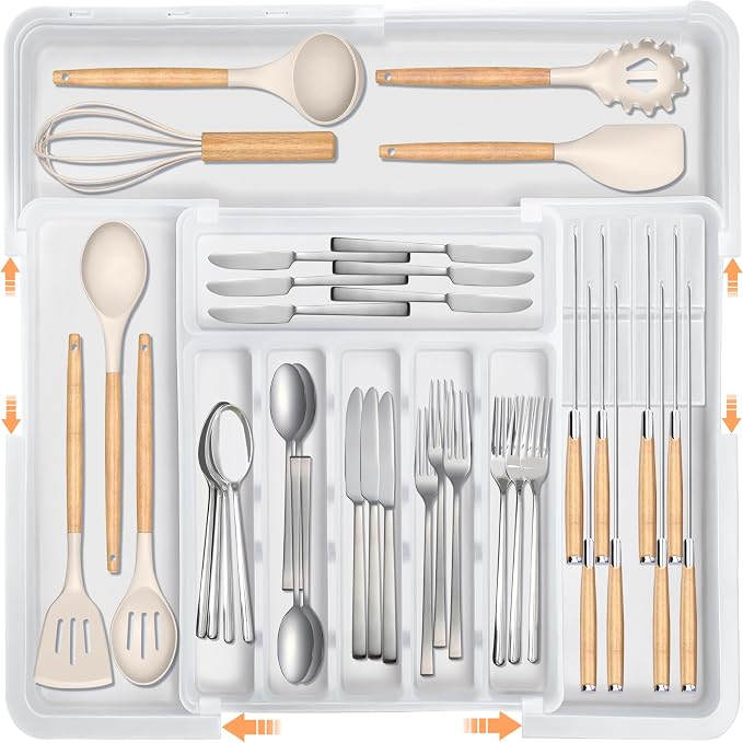 Silverware Organizer for Kitchen Drawer, Expandable Utensil Drawer Organizer with 2 Knife Block, Flatware and Cutlery Holder, Adjustable Plastic Storage for Spoons Forks Knives by HOMECOR
