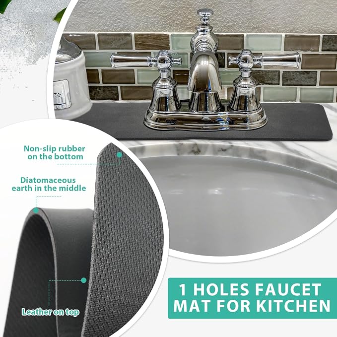 Tioncy 2 Pcs Faucet Mat Sink Splash Guard Oval-hole Oval Splash Pad for Kitchen Sink Oval Base Diatomite Faucet Mat for Bathroom Absorbent Mat Splatter Screens(Dark Gray, Black) - Image 5