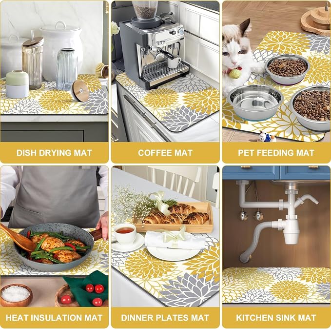 Findosom 2PCS 16" x 24" Fall Dish Drying Mat & 24" x 5.5" Sink Splash Guard, Super Absorbent & Cuttable Dish Mat Drying Kitchen Mat with Yellow Floral, Hide Stain Drying Mat for Kitchen Counter - Image 6