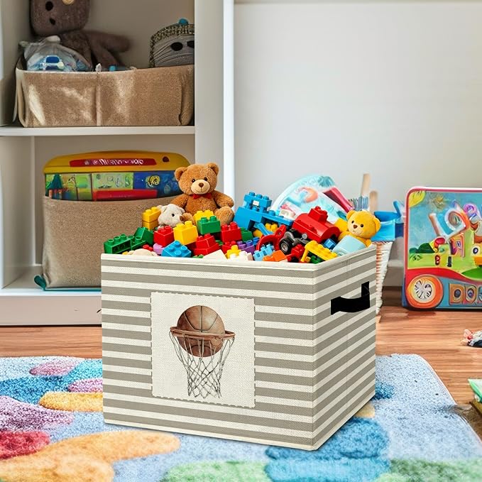 Rustic Basketball Hoop Storage Bins Boxes Handles | grey striped nursery foldable basket for organizing bedroom toddler playroom - Image 2