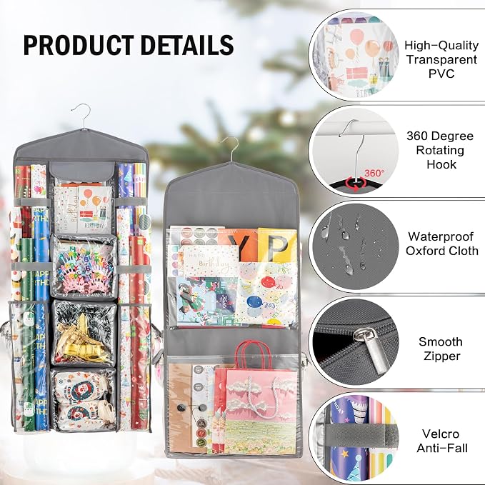 Christmas Wrapping Paper Organizer Storage, Hanging Gift Bag Storage Organizer, Double-Sided Wrapping Paper Holder Storage - Grey - Image 3
