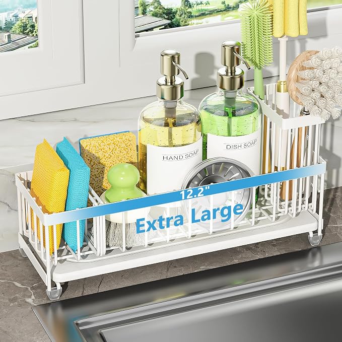 Cisily Extra Large Sink Caddy Organizer with Drying Stone, White Sponge Holder for Kitchen, Dish Brush Holder for Countertop, Kitchen Decor Storage and Essentials by CISILYHOMELIFE