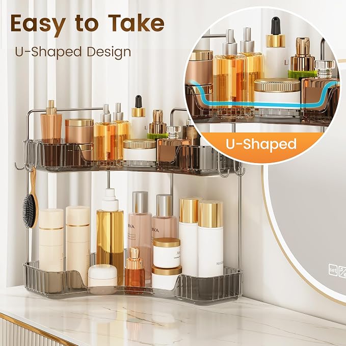 Corner Counter Organizer, 2-Tier Bathroom & Kitchen Storage Tray | Grey Vanity Organizer Storage Countertop with Hooks for Skincare, Makeup & Jewelry - Image 5