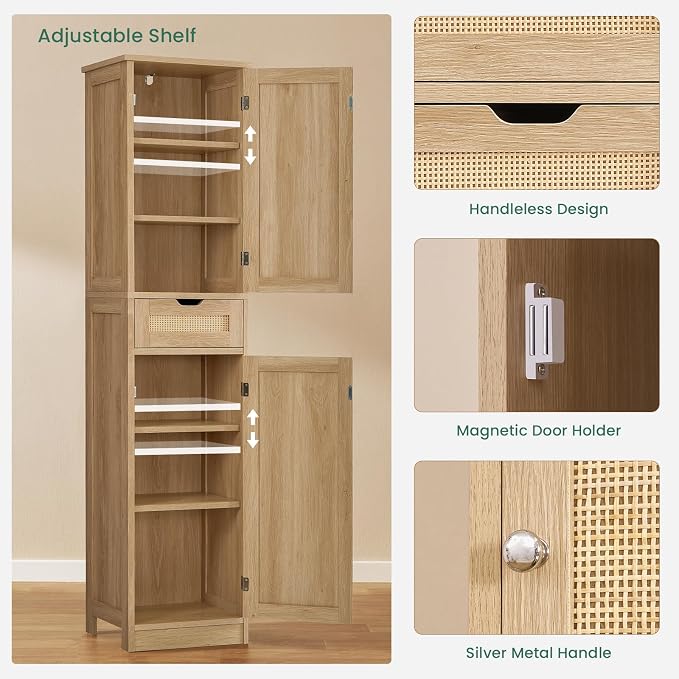 Iwell Tall Narrow Storage Cabinet with Doors, Rattan Cabinet with Adjustable Shelves, Freestanding Linen Storage for Living Room, Entryway, Kitchen, Bathroom, Natural - Image 5