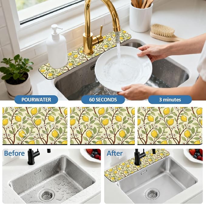 2 Pcs Kitchen Sink Splash Guard Faucet Mat Lemon Tree Pattern Faucet Mat for Sinks Flower Absorbing Drying Mats for Kitchen Bathroom - Image 5