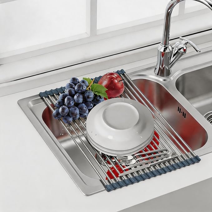 CHIRISEN Expandable Large Roll Up Dish Drying Rack, Foldable Over The Sink Dish Drying Rack, Rolling Dish Drainer Stainless Steel Roll Rack for Kitchen Sink Counter (Gray, 21.25x12.79in) by Unknown