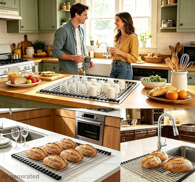 Ahyuan Roll up Dish Drying Rack Over The Sink Kitchen Roll up Sink Drying Rack Portable Dish Drainer Foldable Dish Drying Rack (Black, 20.5''X16.9'') - Image 3