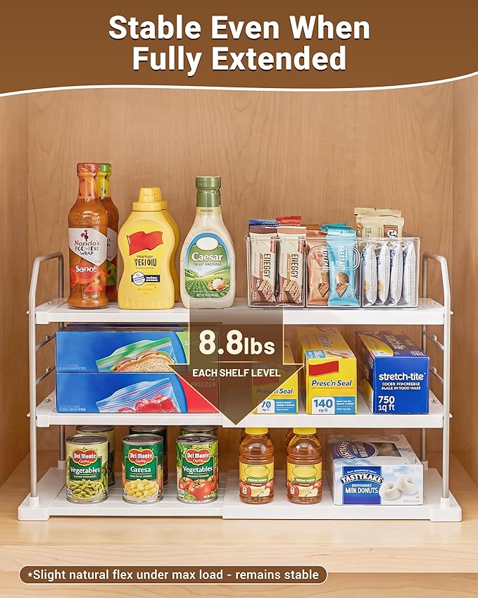 EVERIE Extendable 3-Tier Kitchen Cabinet & Pantry Organizer for Plastic Wrap, Foil & Storage Bags, Adjustable Heavy Duty Shelf Rack for Wrap Boxes, Jars & Snack Boxes (11–16.7 in Wide), Pack of 2 - Image 5