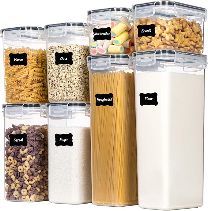 Airtight Food Storage Containers with Lids, 8 PCS | BPA-Free Kitchen Organizers with Lids, For Flour, Sugar & Cereal, Plastic Dry Food Canisters, Pantry Storage by Chefstory
