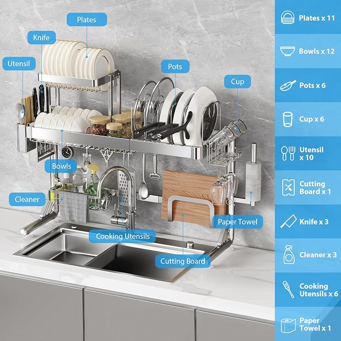 Upgrade 3 Tier Over Sink Dish Drying Rack Adjustable Width | 304 Stainless Steel with Pots and Pans Rack, Modern Large Expandable Kitchen Storage Counter Organizer - Image 6