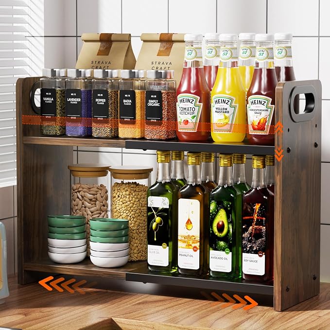 2-Tier Expandable Spice Rack Organizer for Countertop, 10.6"-17.3" | Metal & Wood ,Adjustable Height Spice Racks Shelf for Counter Cabinet Coffee Station, Space-saving Kitchen Storage Shelves - Image 8