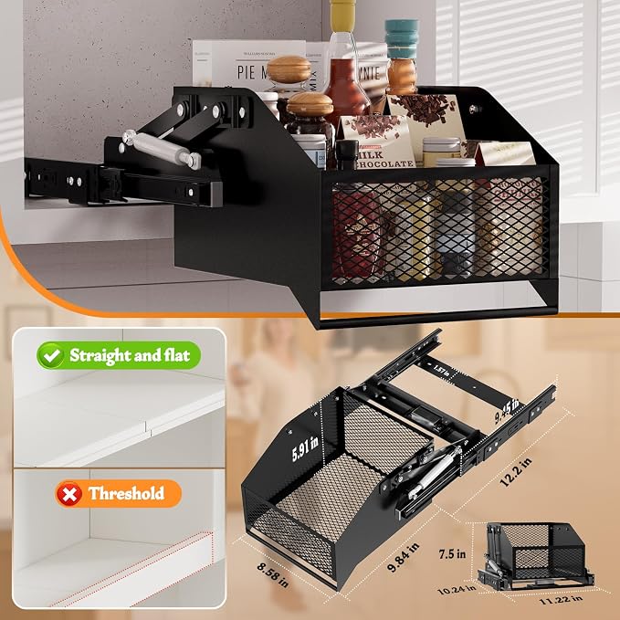 HOUSE AGAIN Pull-Down Cabinet Organizer for High/Deep Cabinets, Drop Down Spice Rack, 12.6" Out & 1.8" Down, 1 Tier, Dual Install (Screw/3M Tape), Fits Frameless, for Spices, Snacks and Small Bottles - Image 4