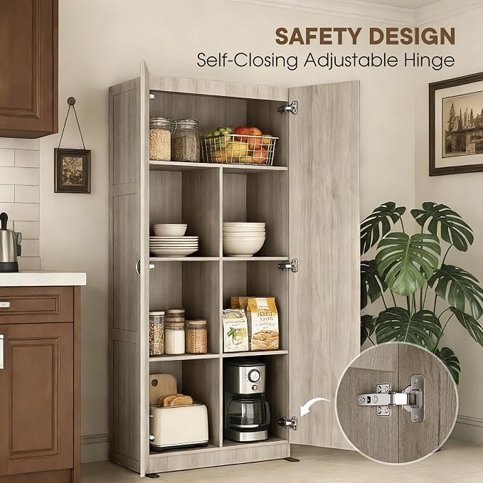 DUMOS Wood Storage Cabinet with Doors and Shelves, Kitchen Pantry Cabinet | 71'' Tall Freestanding Wooden Cabinets for Bedroom, Pantry, Home Office, Dining Room & Living Room, Light oak - Image 5