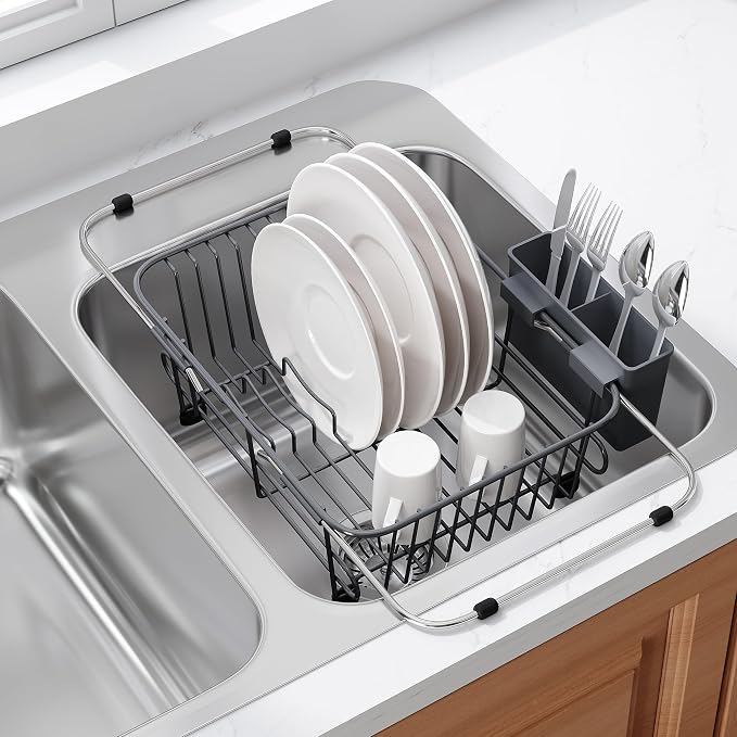 JASIWAY Gray Dish Drying Rack in Sink with Utensil Holder, RV, Apartment | Over Sink Expandable Stainless Steel Dish Drainers for Compact Kitchen, Space Saving, Fast Drain, Rustproof, For 1-2 people by JASIWAY