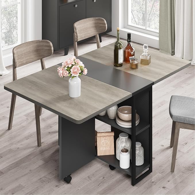 IDEALHOUSE FoldingTable, Drop Leaf Dining Table with 6 Wheels and 2-Layer Storage Shelf, Space Saving Table for Small Spaces (Slate Oak, 50.1" D x 31.4" W x 29.5" H) - Image 3