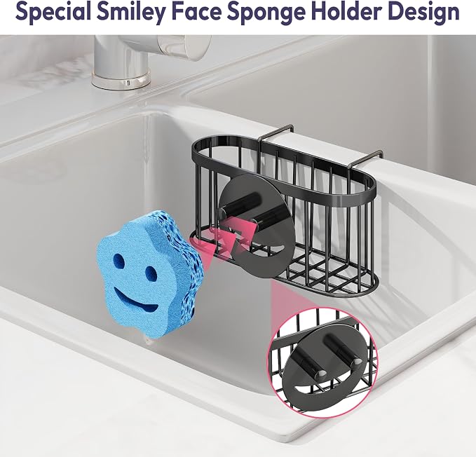 SWTYMIKI Sponge Holder for Kitchen Sink - Movable Sink Caddy with Smiley Face Sponge Holder, Rustproof Hanging Sponge Organizer in Double Bowl Sinks Depth>3.15in, Middle Divider<1.5in, Black - Image 3