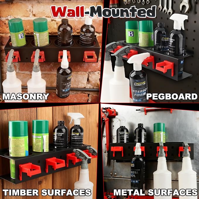 Spray Bottle Holder, 2 Pack Wall Mount Car Detailing Can Holder Spray Rack | Heavy-Duty Carbon Steel Auto Detail Spray Bottle Organizer, Spray Can Holder with Hooks for Garage Workshop Van Shed Storage - Image 5