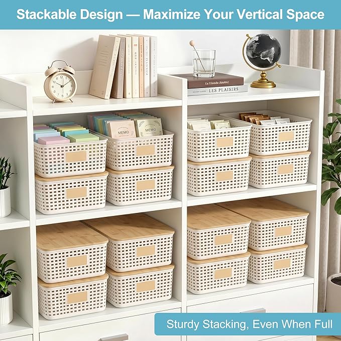 4 Pack Plastic Storage Bins with Bamboo Lids, 6.2qt Stackable Storage Organizer Box with Lable for Pantry Shelves Drawers Desktop Office, 12"L x 8.3"W x 3.5"H, Cream White - Image 3