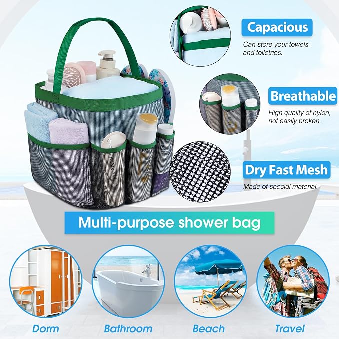 Mesh Shower Caddy Portable - 9 Pockets for College Dorm Room Essential | Large Capacity Mesh Shower Caddy with 9 Pockets, Portable Hanging Toiletry Bag for College Dorm, Gym, Camping and Beach - Image 2