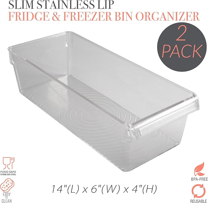 Kitchen Details 2 Pack Slim Refrigerator Storage Bin | Fridge & Freezer | Kitchen Organization | Stainless Steel Handle | Countertop | Cabinets | Pantry | Clear - Image 2
