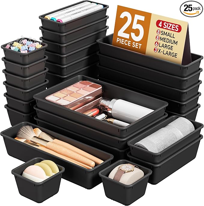 KEMETHY 25 PCS Plastic Drawer Organizers Set, 4 Sizes Vanity Organizer | Makeup and Desk Drawer Organizer Trays, Organization and Storage for Makeup, Bathroom, Kitchen Utensils and Office (Black) by KEMETHYFocusesonCreatingEfficientStorageProductswithQualityMaterials